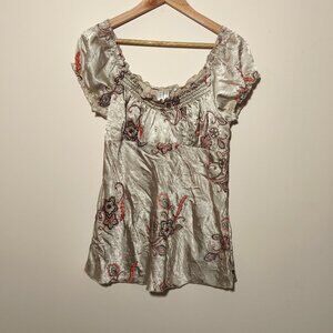 NWT y2k Heart Soul Empire Waist Satin Embroidered Babydoll Tunic sz M/L Cream